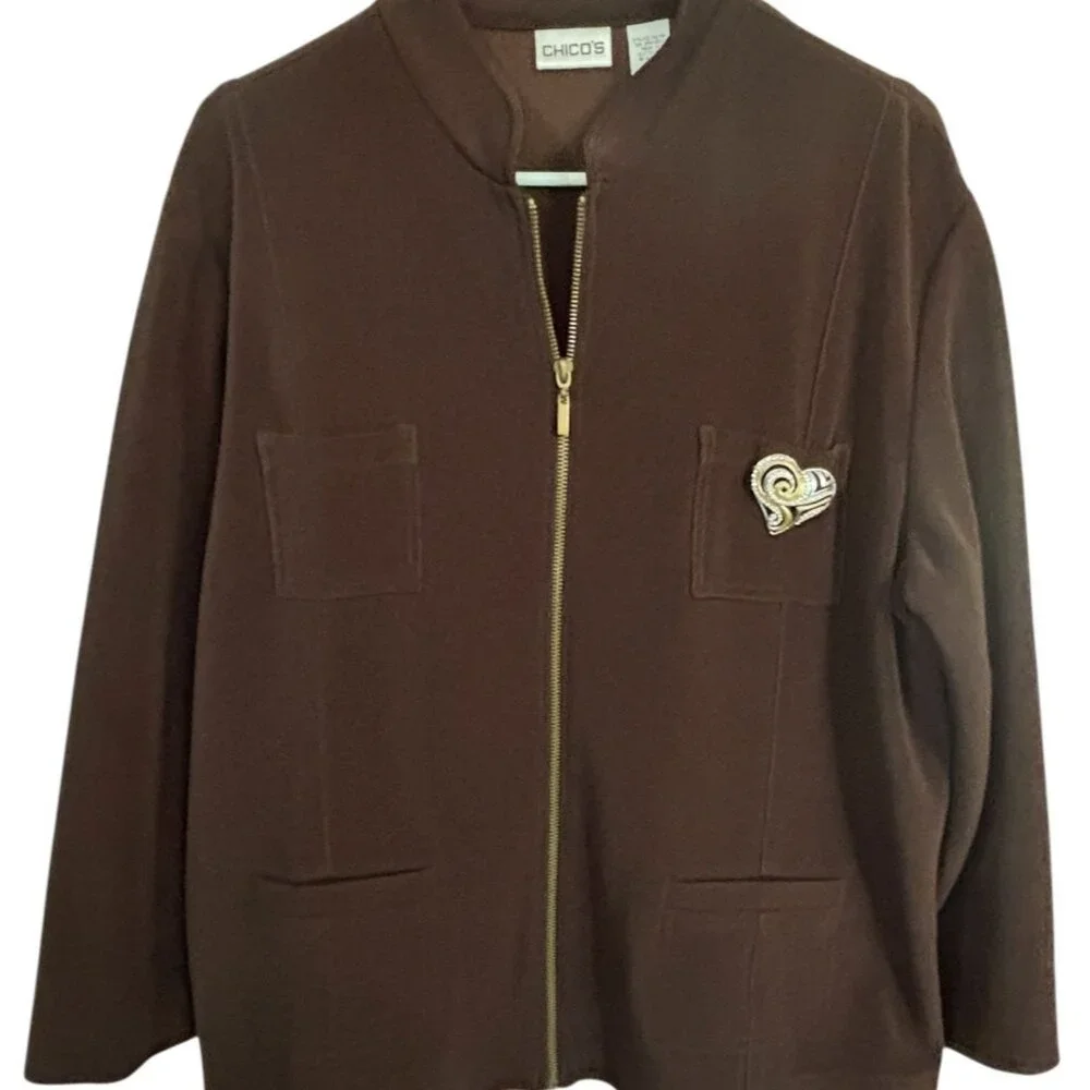 Chicos Brown Zip Up Jacket Decorative Heart Patch Size 3 XL 16 18 - Picture 1 of 10